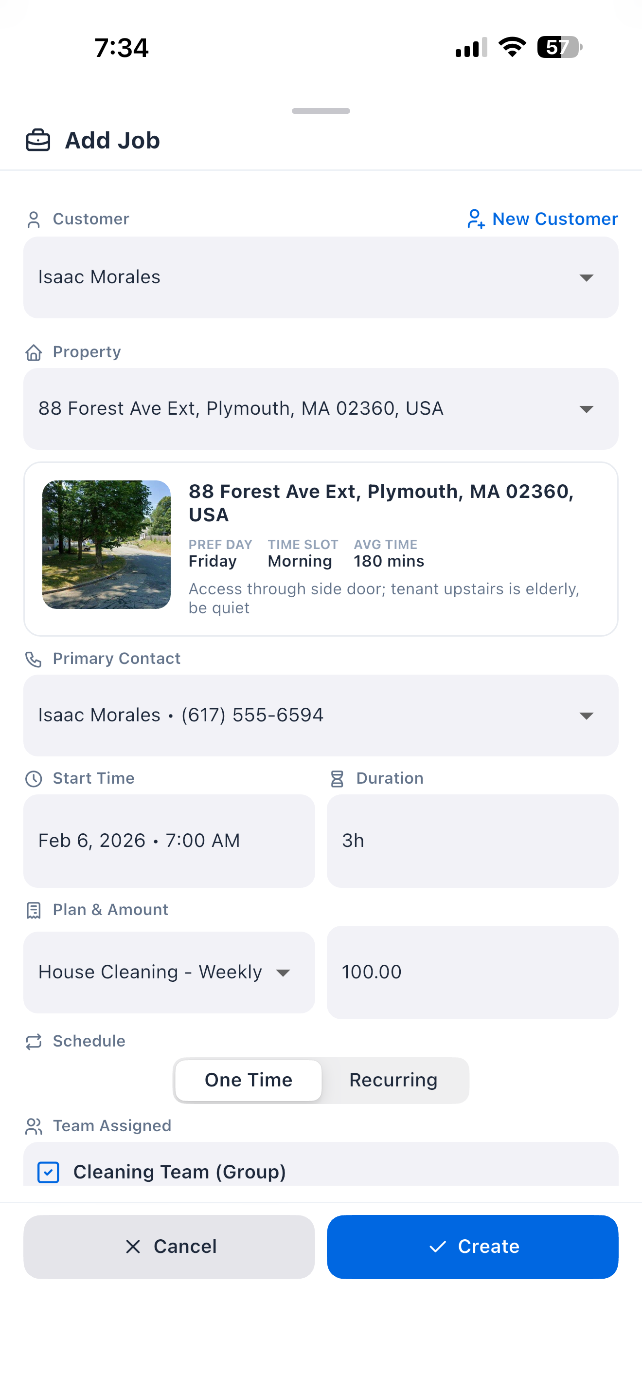 Trabio mobile app create new job screen with scheduling options
