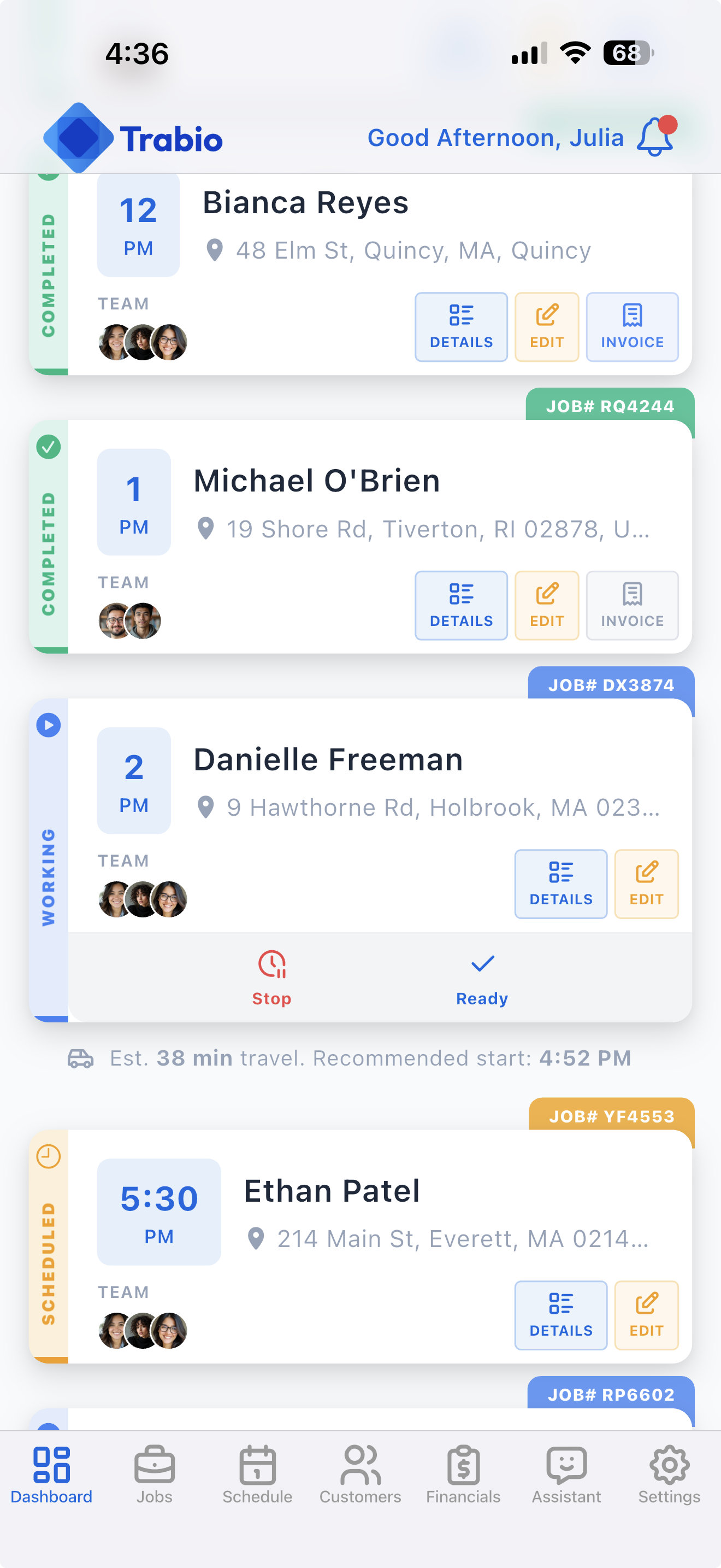 Trabio mobile app dashboard with job overview and team status