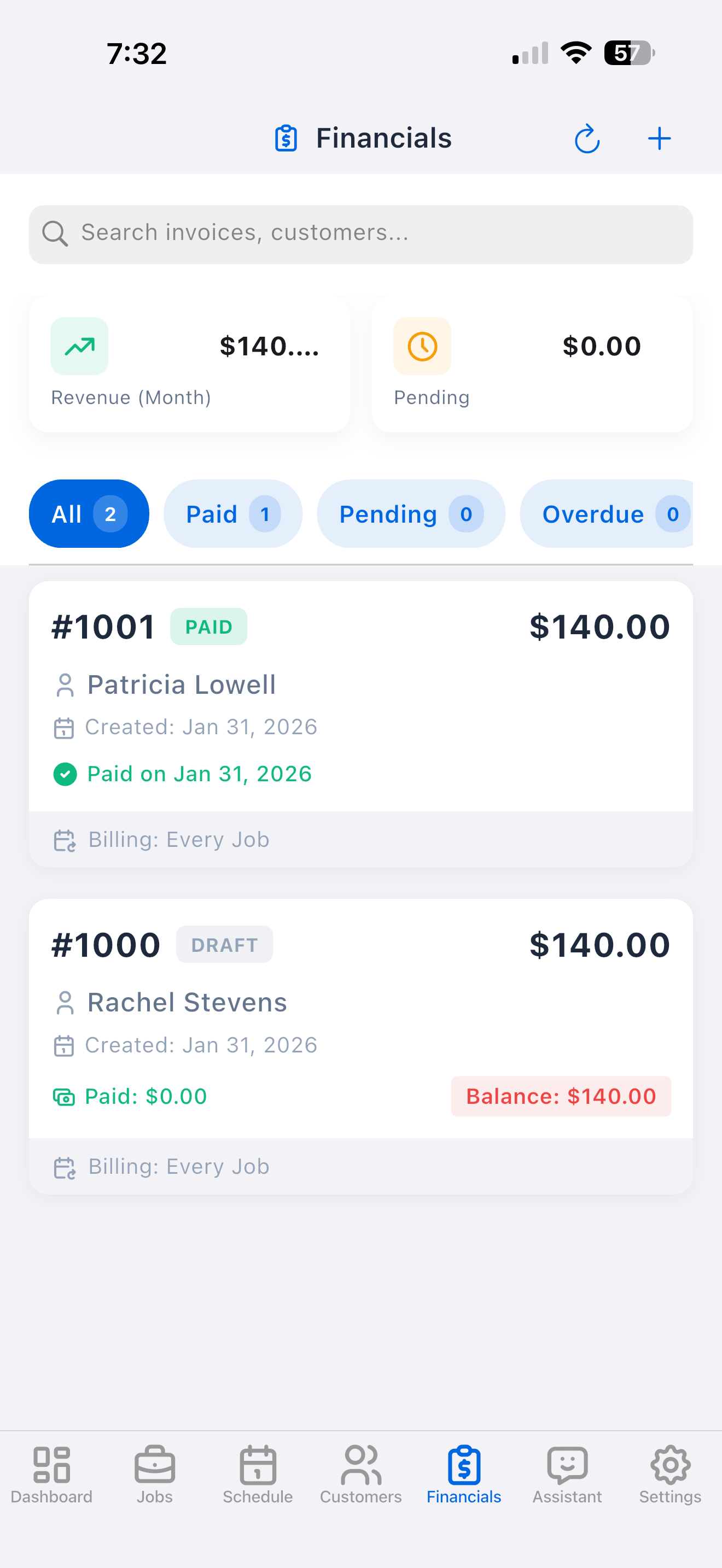 Trabio mobile financials screen showing income and expense tracking