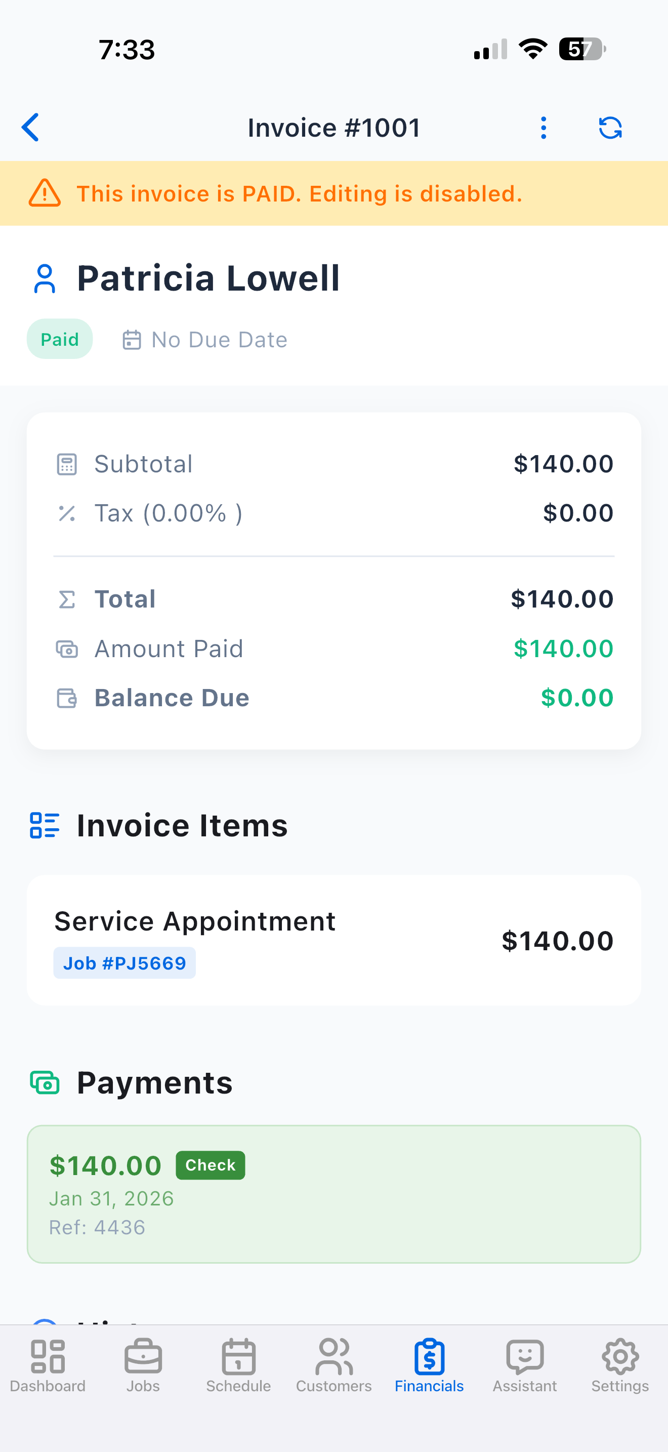 Trabio mobile invoice detail with line items and payment status