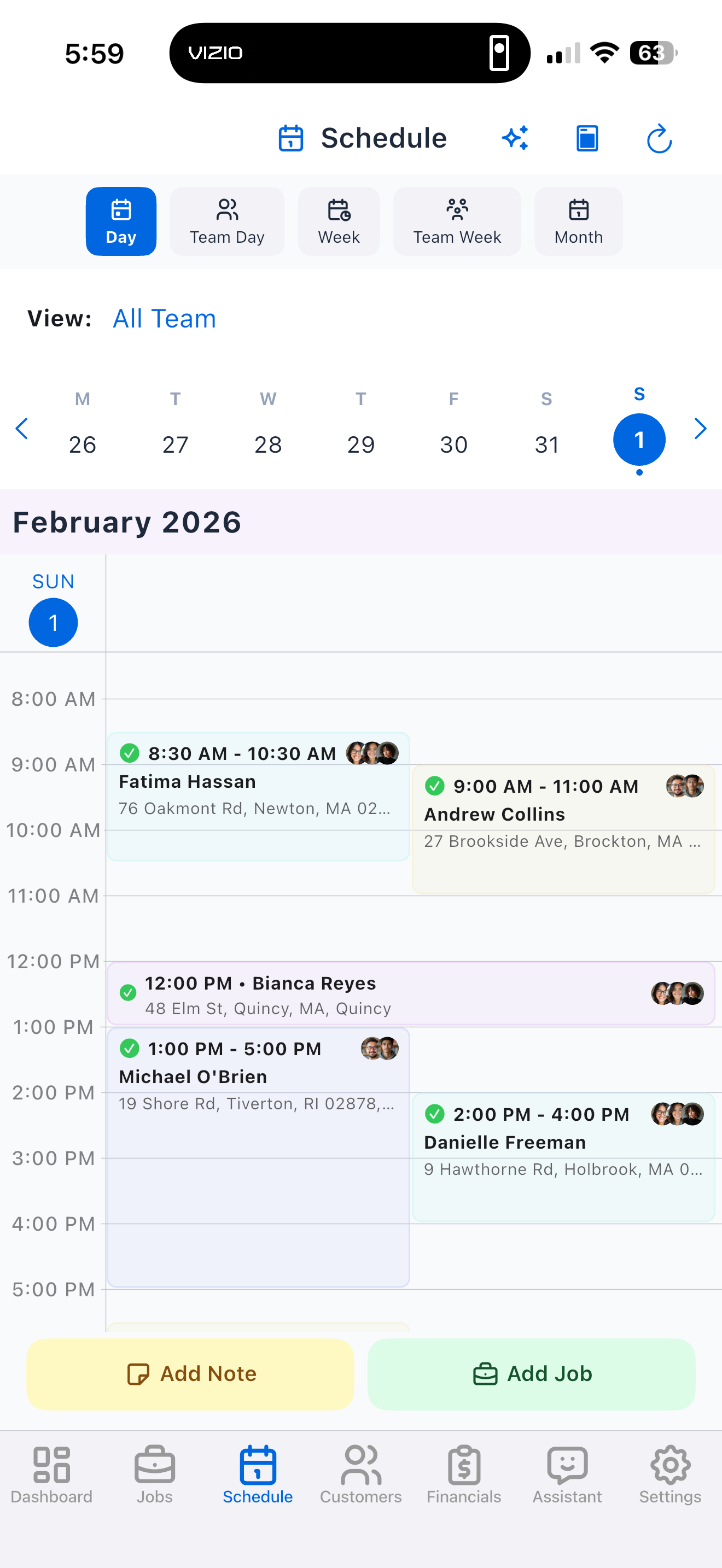 Trabio mobile schedule view with daily job timeline